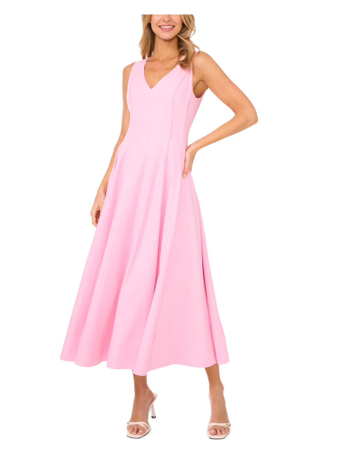SLEEVELESS V NECK PLEATED MAXI DRESS | LT-PINK