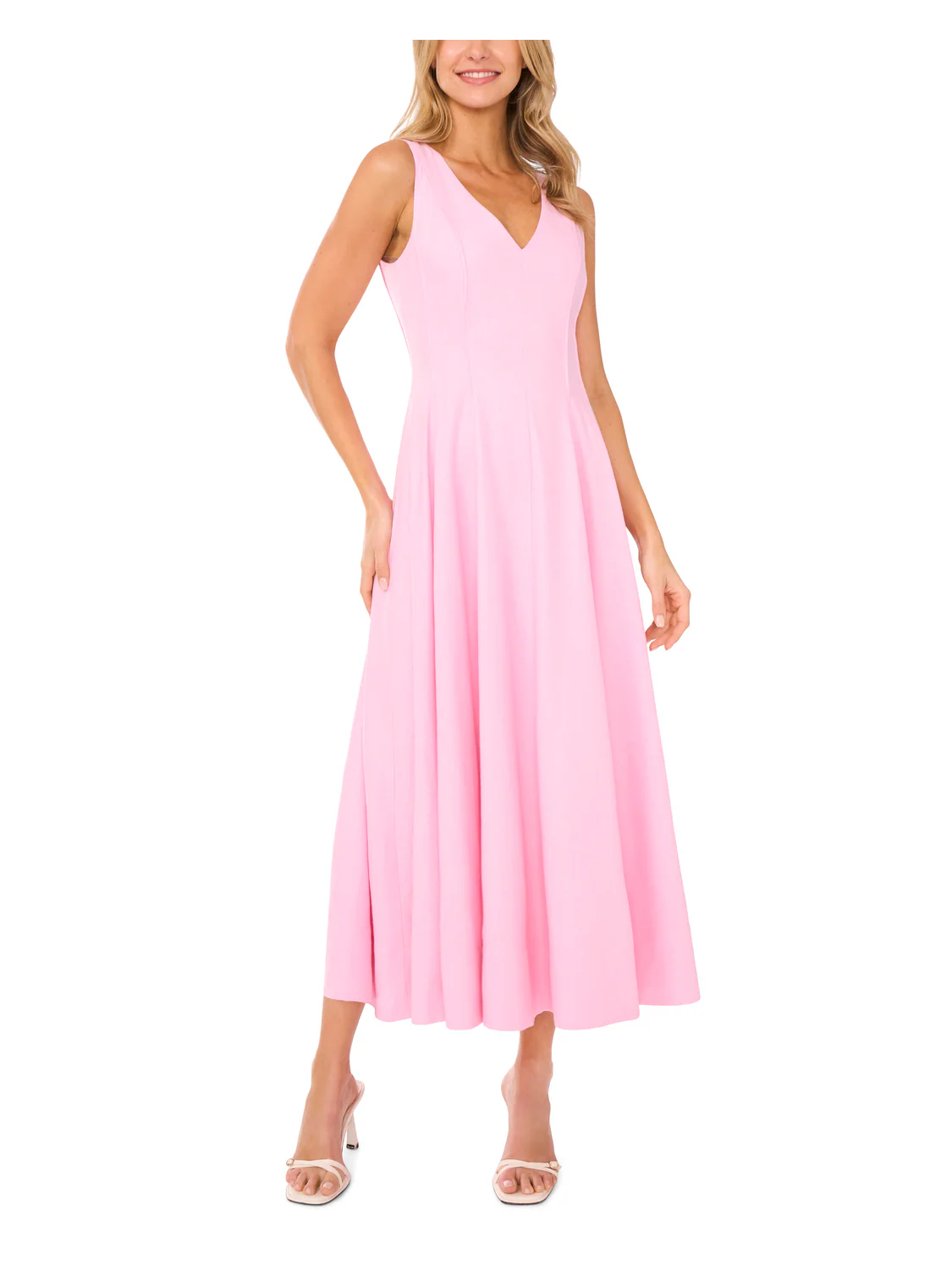 SLEEVELESS V NECK PLEATED MAXI DRESS | LT-PINK - Image 2