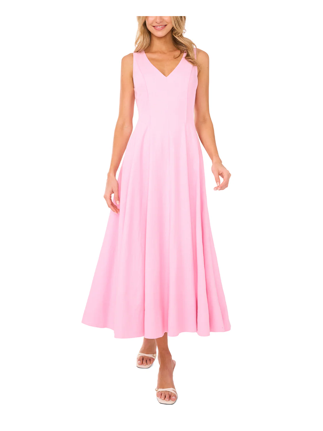 SLEEVELESS V NECK PLEATED MAXI DRESS | LT-PINK - Image 3