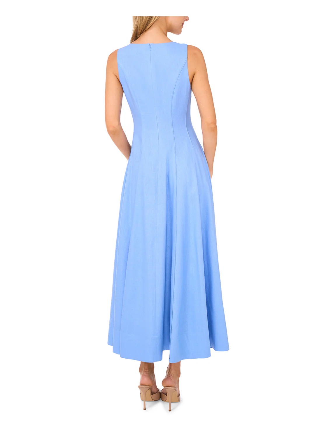 SLEEVELESS V NECK PLEATED MAXI DRESS | MID-BLUE - Image 5